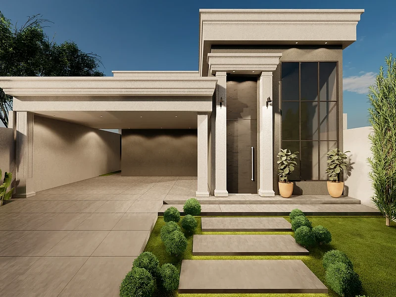 Referência de casa de 350 m² com acesso em escada e jardim frontal