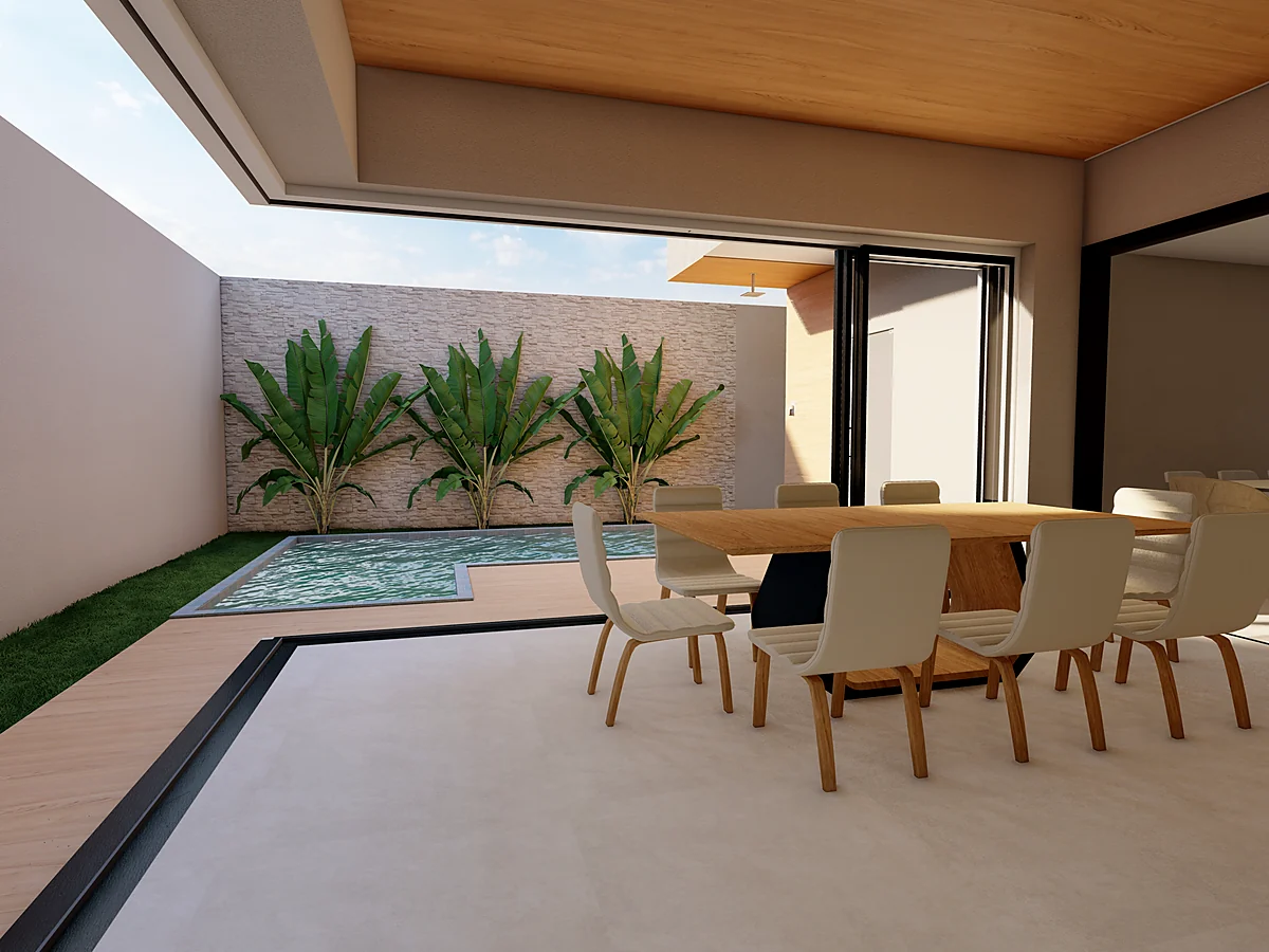 Área externa integrada com mesa de jantar e piscina