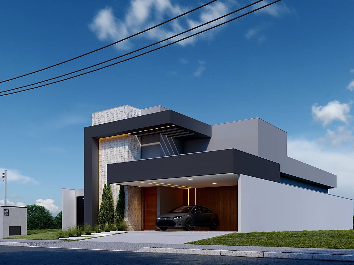 Fachada de sobrado contemporâneo com garagem coberta