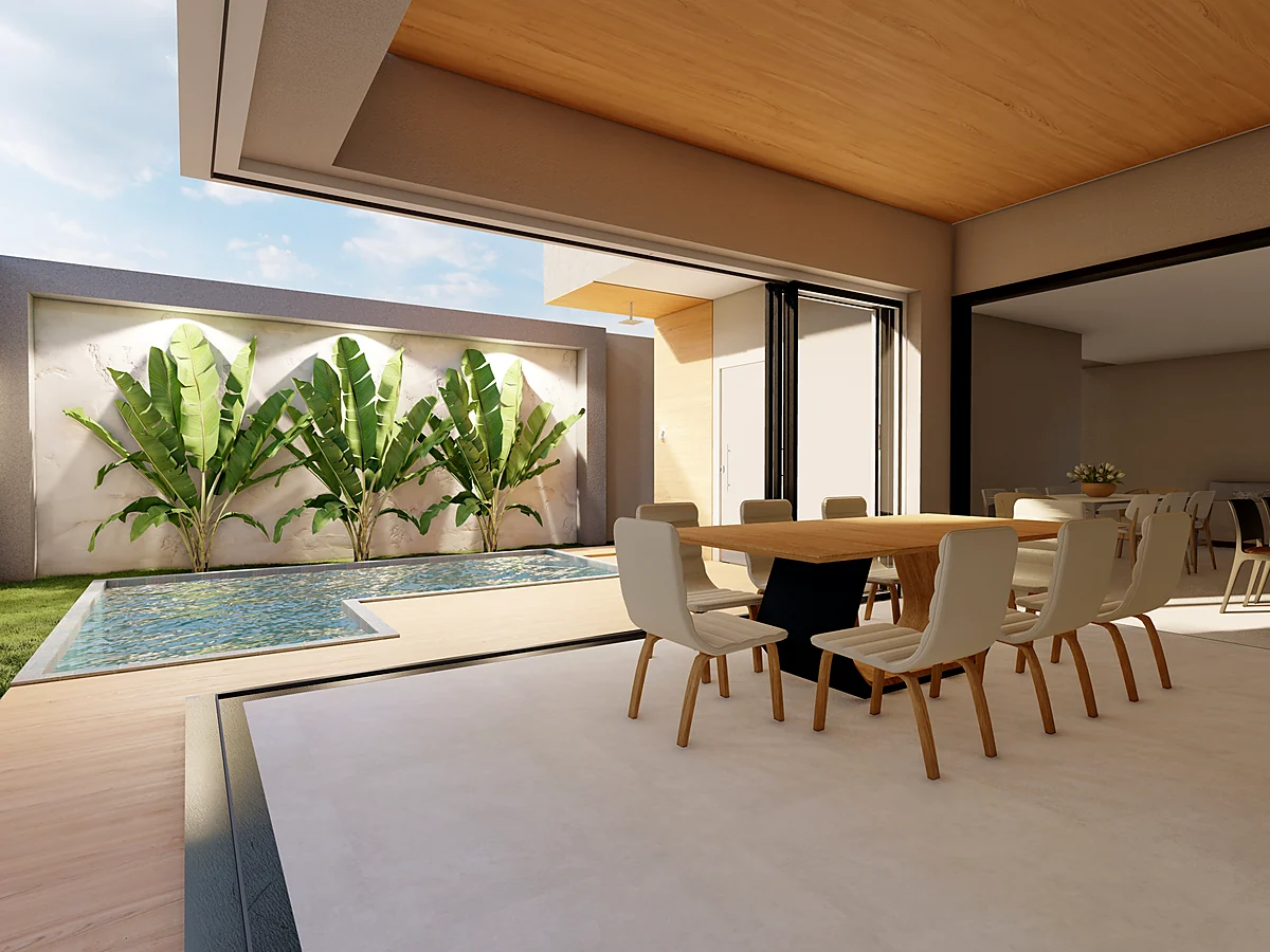 Área gourmet coberta com vista para a piscina